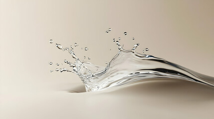 A dynamic water splash, elegantly curved, against a neutral backdrop.  Clear, glassy droplets and a smooth, flowing wave-like form create a sense of motion and purity