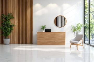 Fototapeta premium Modern minimalist interior with wooden reception desk and greenery