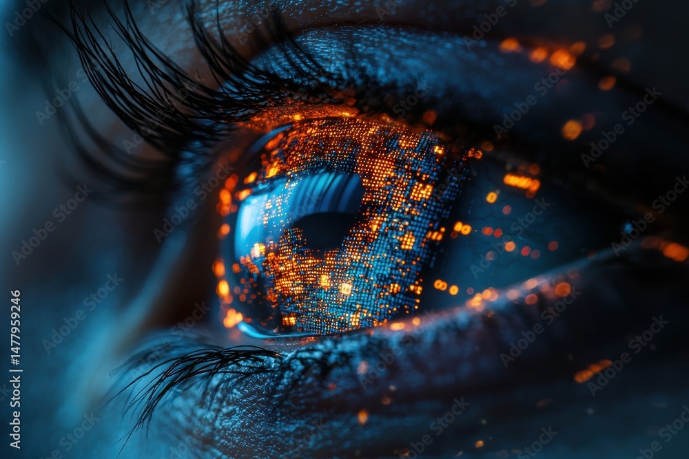 Poster close-up of an eye reflecting digital data and illuminated elements