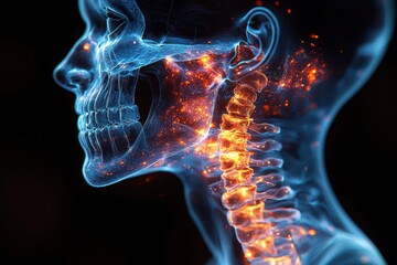 Digital X-ray rendering of human skull and spine highlighting nerve pathways