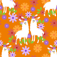 Seamless pattern of white cute llamas in flower crowns and with flowers on orange background