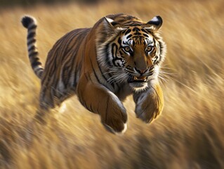 Naklejka premium Tiger leaping through grassy field