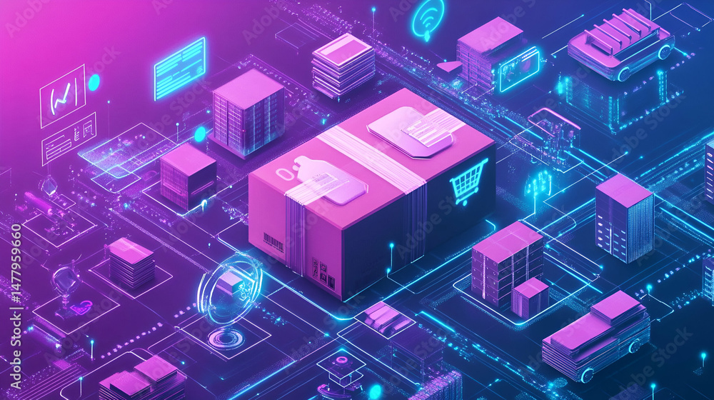 Poster isometric pixel art package on digital circuit board with neon lights