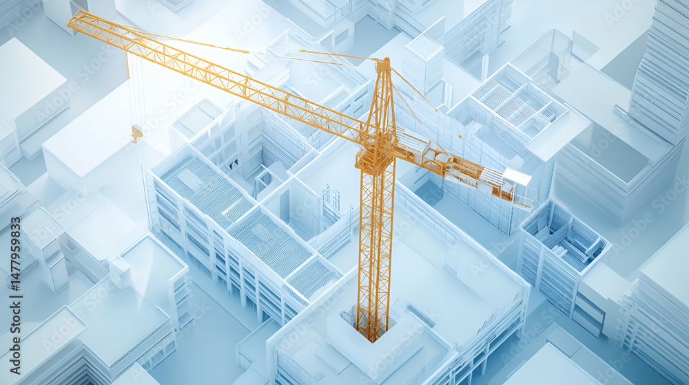 Poster isometric rendering of a city under construction with a yellow crane
