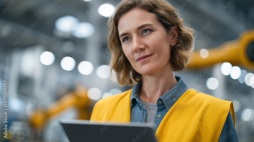 Poster female industrial engineer programming robotics in modern factory