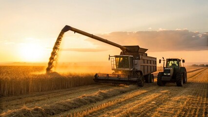 Obraz premium The dramatic scene of a combine pouring grain into a truck in a field at sunset, emphasizing the scale of the harvest and the efficiency of agricultural machinery during golden hour. 