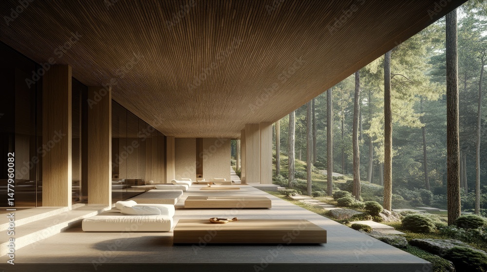 Poster serene modern architecture with forest views.