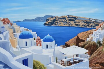 Obraz premium Charming Santorini Painting, Whitewashed Buildings and Blue Domed Churches, Greece Coastline