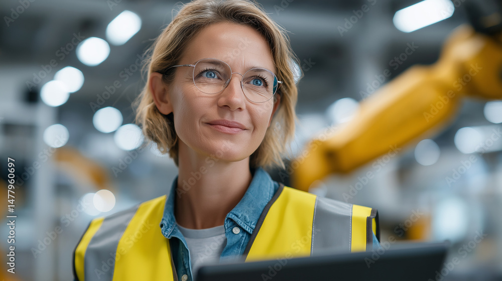 Poster female industrial engineer programming robot in modern factory