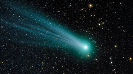 Obraz premium Teal comet streaking across dark night sky, surrounded by numerous stars, showcasing celestial beauty and wonder, perfect for astronomy or space themes
