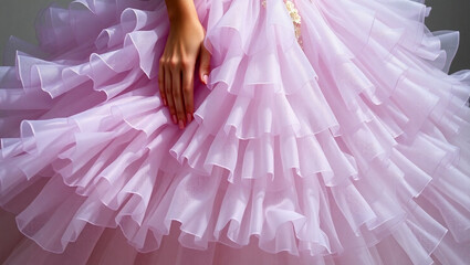 Close-up of a luxurious ball gown with layered tulle and organza ruffles in soft pastel colors such as lavender, lilac, ivory, and gray.