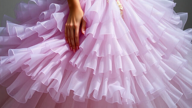 Close-up of a luxurious ball gown with layered tulle and organza ruffles in soft pastel colors such as lavender, lilac, ivory, and gray.