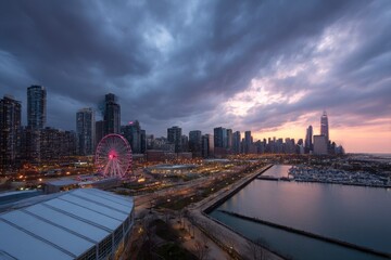 Fototapeta premium Chicago Cityscape with Ferris Wheel, Marina and Skyscrapers during Twilight Hour Scenery