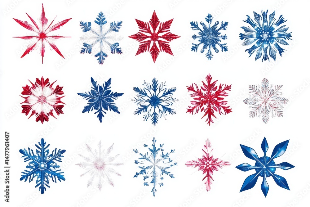 Poster various intricate snowflake designs in red and blue hues showcasing unique shapes during winter deco
