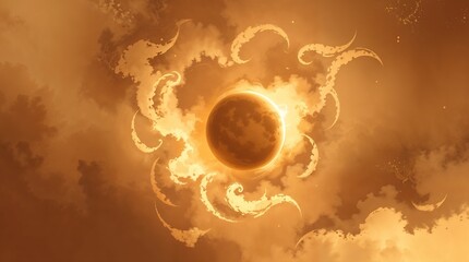 surreal swirling flames and dark circular shape in mystical orange brown color palette for use in fantasy art projects and atmospheric design themes