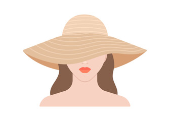 Woman in straw sun hat. Summer head accessory, headwear. Girl front view. Vector flat illustration