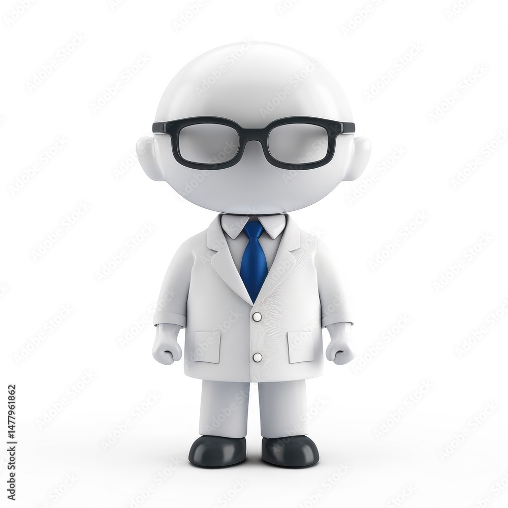 Poster 3d rendering of a small, professional figure in a lab coat.