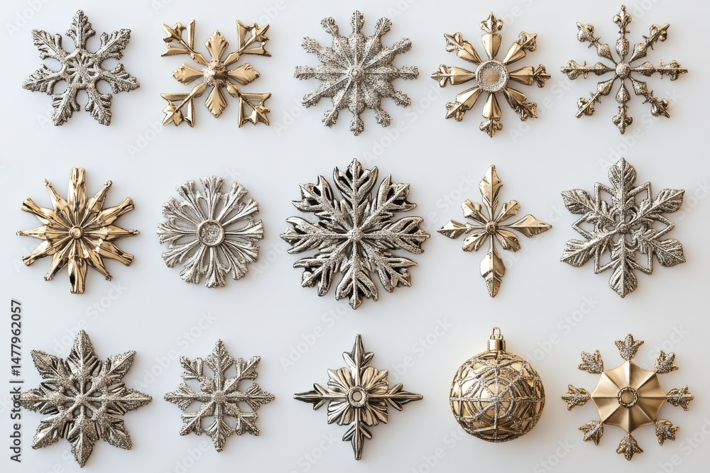 Poster various intricate snowflake designs in red and blue hues showcasing unique shapes during winter deco
