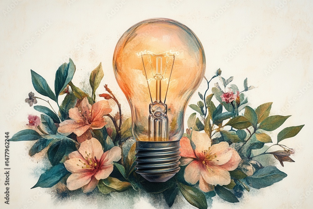 Aufkleber light bulb surrounded by colorful flowers and greenery, showcasing a blend of art and nature in a vi