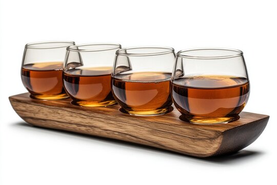 Craft beer flight featuring a variety of styles arranged on a wooden paddle in a brewery setting during an afternoon tasting session