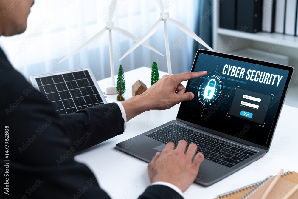 Poster cyber security system on computer screen protect private information brisk from hacker and cyber att