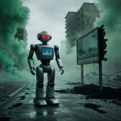 glowing eyed robot standing in smog filled street with ruined billboard for use in futuristic pollution themed projects and post apocalyptic visuals