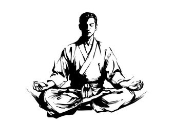 Zen Meditation in Ink Brush Style – Traditional Japanese Sumi-e Art