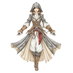 A female character with a hooded cloak stands ready for a mysterious mission.