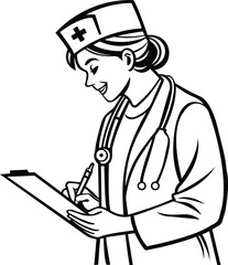 Smiling female doctor writing on clipboard line art vector illustration for medical and healthcare design