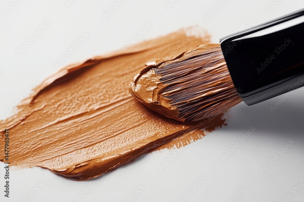 Poster Vibrant orange paint being spread with a brush on canvas during an art project in a studio setting at midday highlighting creative expression