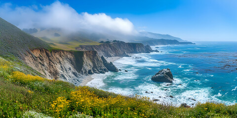 Scenic Coastal Landscape with Vibrant Flowers and Ocean Waves