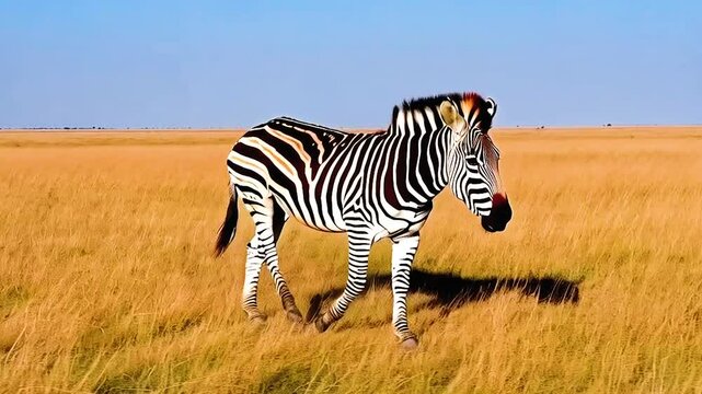 A striped zebra mammal and its foal graze on green grass in the Kenyan savanna wildlife, Little zebra grazing in the pasture of green grass.
