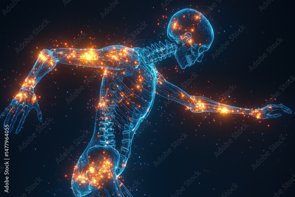 Poster digital representation of a human skeleton in a moving posture with glowing nodes