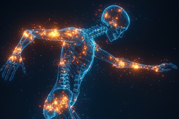 Digital representation of a human skeleton in a moving posture with glowing nodes