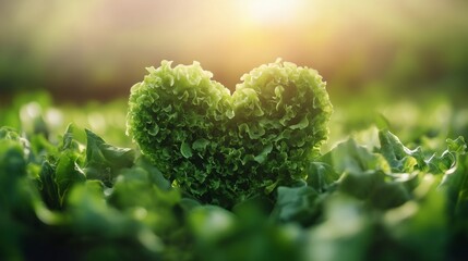A heart made of green lettuce is growing in a field