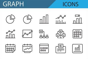 Icon set of pie charts, bar charts, and line graphs for business