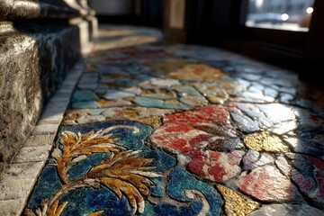 Naklejka premium Intricate Mosaic Artwork with Vibrant Colors and Detailed Patterns on a Stone Pathway
