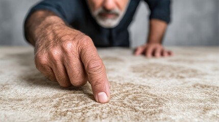 Man Carefully Inspects Carpet for Stains and Imperfections in Home Environment