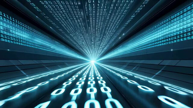 Digital Data Tunnel with Blue Binary Code and Futuristic Perspective Effect