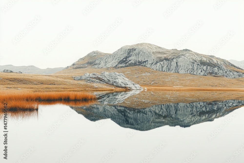 Poster mountain reflection in a tranquil lake during early morning with fog and golden trees framing the la