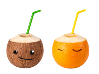  Citrus coconut with straw icon set on transparent background