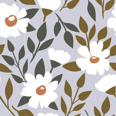 Daisies with white petals and orange pistils  and dark green and olive leaves pattern. Could be used as texture, background, fabric print