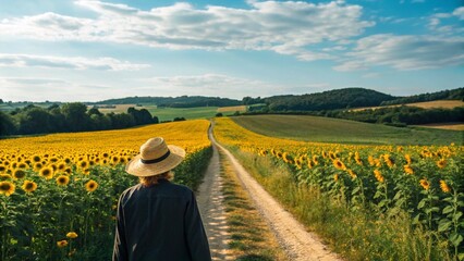 Fototapeta premium A vast field of golden sunflowers with a person walking along a path, emphasizing the scale of the landscape and the simple act of enjoying nature's beauty under a bright sky. 