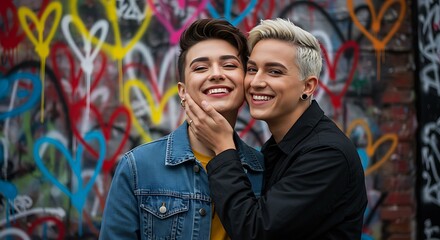  Non-binary person kissed by partner in colorful street
