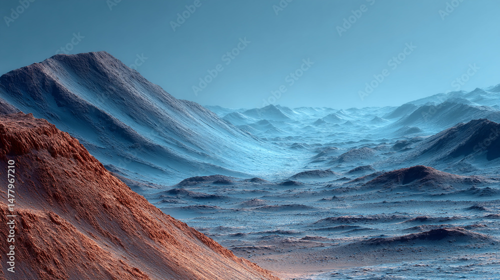 Poster blue and orange textured mountainscape, creating a surreal and tranquil scene, showcasing a unique a