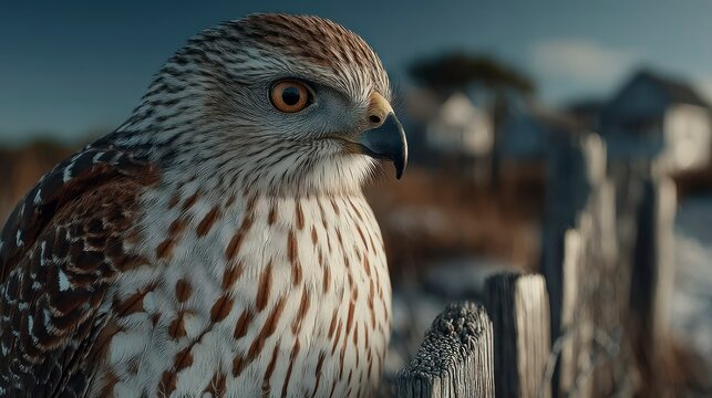 A majestic bird of prey perched on a wooden post showcasing its detailed feathers and sharp ga