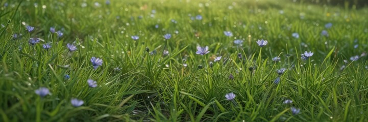 Obraz premium Close-up, dew-kissed June wildflowers in lush green grass , color, fresh, natural