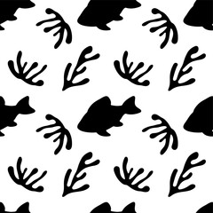 Seamless marine-themed pattern. Black silhouettes of fish and corals on a white background. Vector illustration