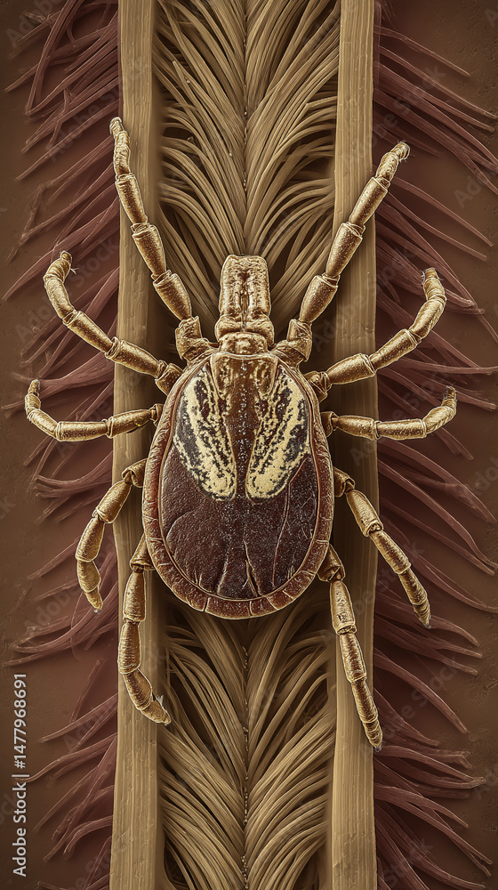 Poster detailed close-up of a tick on a textured surface, showcasing intricate body segments and leg struct