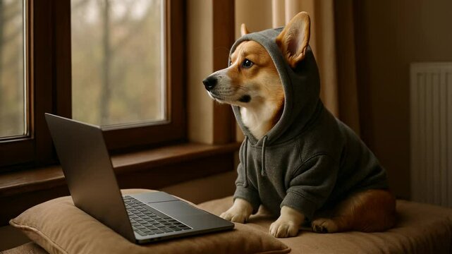 Adorable Corgi Dog in Hoodie Uses Laptop near Window Sunlight